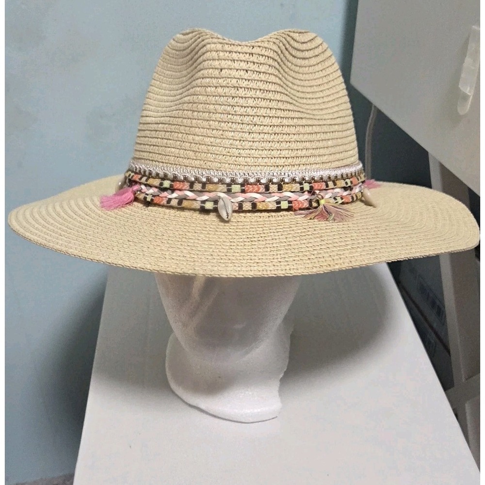 Pugs One Size Womens Straw 100% Paper Beach Hat W/ Braided Pink Shell Band